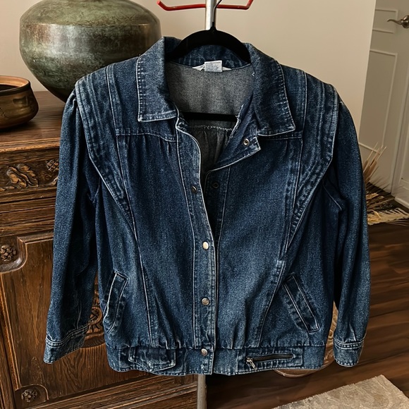 VINTAGE 80s Denim Moto Jacket Puff Shoulder Made in Singapore - Picture 1 of 17